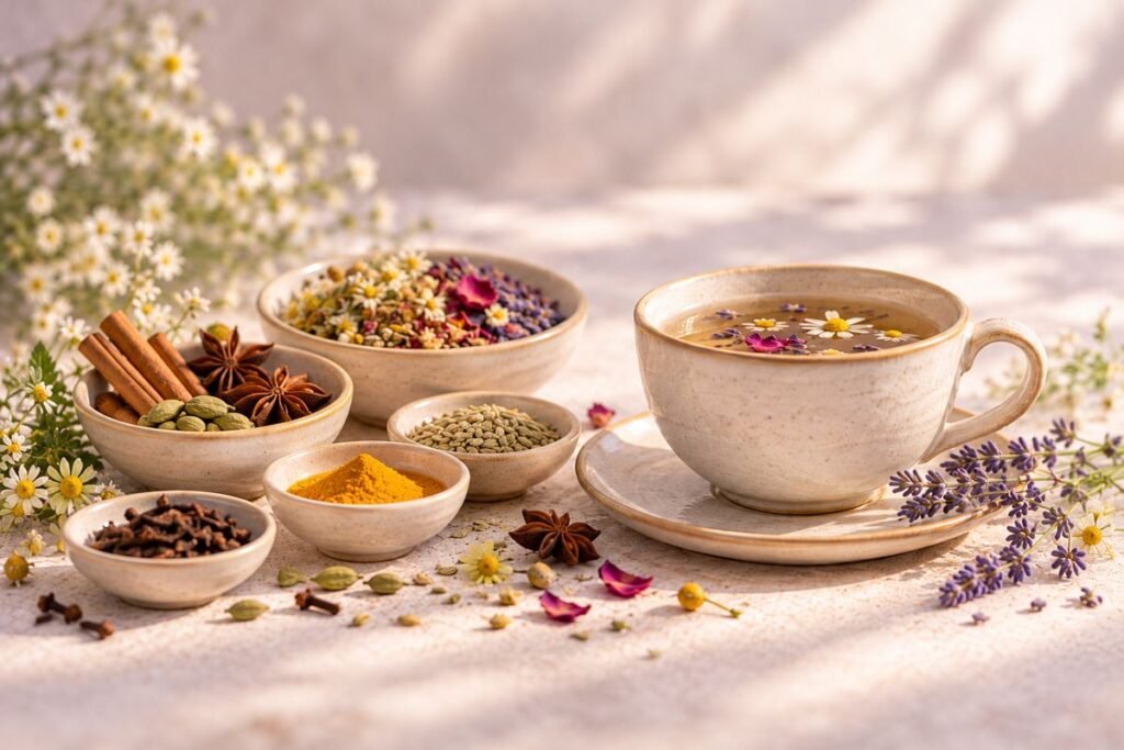 Ayurvedic spices, dried herbs and herbal tea