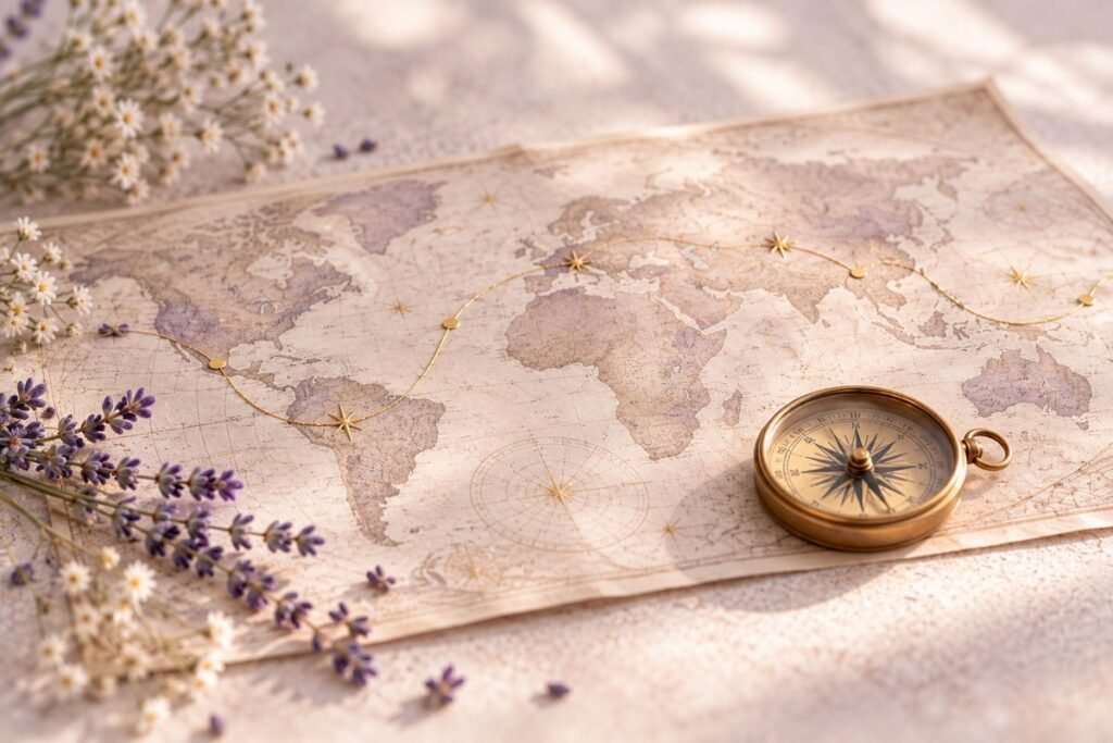 Vintage world map with gold line and brass compass – Astrocartography