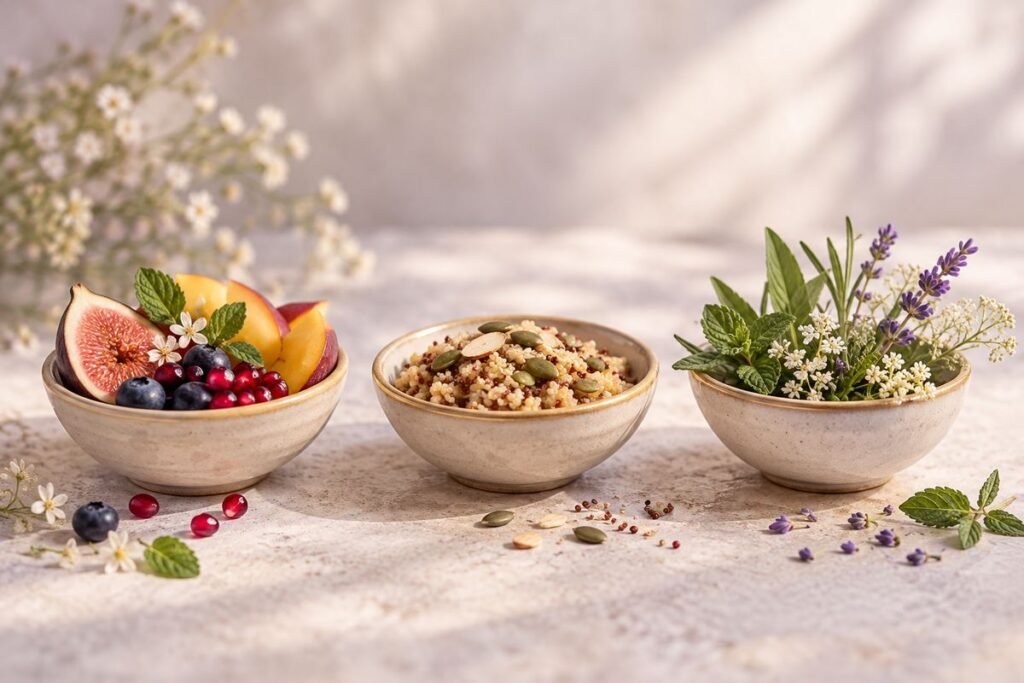 Three ceramic bowls with fruit, grains and herbs – the three Gunas in yogic nutrition